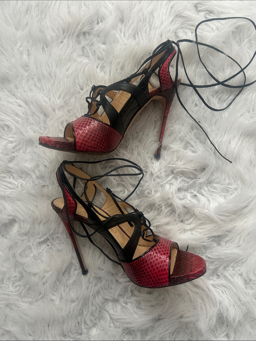 Alejandro Ingelmo red crocodile patterned laceup heels, size 7, sexy open toe
